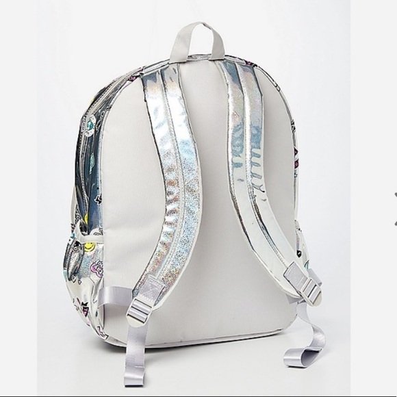 NWT justice holographic sticker pocket full size backpack silver - Picture 2 of 4